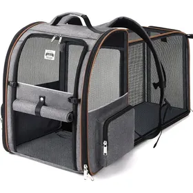 Comparer les prix de Sac à Dos de Transport pour Chat avec 4 Entrées - Matière Respirante et Harnais Intérieur - Charge Max 8 kg Gris