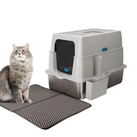 Meilleurs prix pour Nobleza Bac à Litière Fermée en Acier Inoxydable avec CouvercleInclus Pelle + Tapis Pour Chats