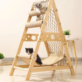Comparer les prix de Arbre à Chat, Hauteur 85 cm, pour Chat, avec 2 Poteaux à Griffer,1 Hamac, 1 Pompons, en Tissu Chanvre, Bois