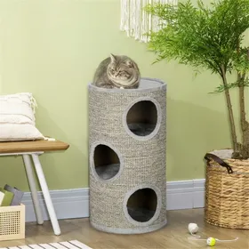 Meilleurs prix pour Tour à Griffes pour Chat 70cm Tonneau à Gratter 3 Niveaux avec Grande Surface en Sisal et Niche Douillette en Peluche - Gris Clair