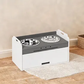Comparer les prix de Distributeur de croquettes surélevé avec rangement blanc 60x30x355 cm en bois et acier inoxydable