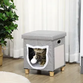 Comparer les prix de Maison pour chat 2 en 1 - AKOZON - 12595 - Gris - Pieds en bois - Coussin amovible lavable