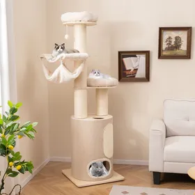Meilleurs prix pour COSTWAY Arbre à Chat 187 cm en Bois à 6 Niveaux, Condo, Hamacs, 2 Perchoirs, Griffoirs en Sisal, Tapis et Balle, Coussins Lavables