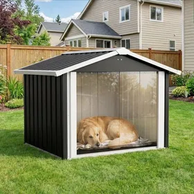 Meilleurs prix pour Niche pour chien grise en plastique étanche 101x102.4x84.7cm toit incliné ventilée anti UV extérieur résiste aux intempéries