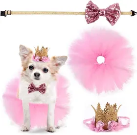 Meilleurs prix pour Kit de fête danniversaire pour animaux : jupe tutu nœud papillon et chapeau couronne tenue rose pour chiots et chats