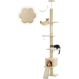 Comparer les prix de Arbre à Chat du Sol au Plafond Hauteur Réglable 216-273 cmMulti-Plateforme avec HamacGriffoirCondo & Ceinture Anti-ChuteBeige