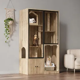 Comparer les prix de Maison pour chat à plusieurs étages en MDF et verre trempé coloris naturel avec griffoirs intégrés 90 x 50 x 160 cm