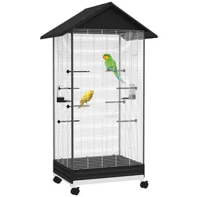 Meilleurs prix pour Cage oiseau sur roulettes - grande volière - plateau dejection amovible, mangeoires, perchoirs, portes - blanc noir