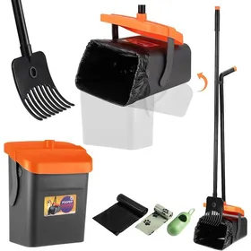 Comparer les prix de Ramasse-crottes chien avec râteau intégré manche télescopique 117 cm en inox finition orange sac poubelle fourni grand chien