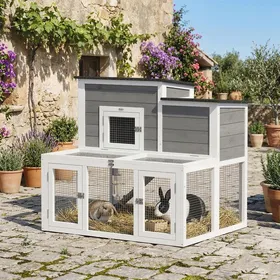 Meilleurs prix pour Clapier Lapin Extérieur en Bois Cage à Lapin Intérieur Double Toit Ouvrant Imperméable 2 Niveaux avec Enclos Gris