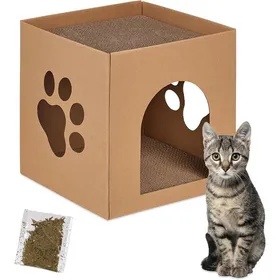 Meilleurs prix pour Niche en Carton pour Votre Chat avec griffoirs à Construire Herbe aux Chats Incluse 30x30x305 cm Marron