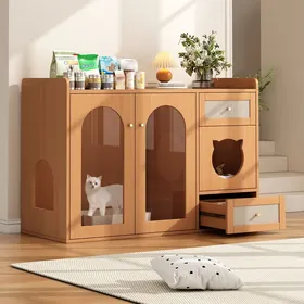 Meilleurs prix pour Niche et bac à litière pour chat Meuble latéral animaux avec gamelles espace de repos et rangement noyer 120 x 45 x 83cm