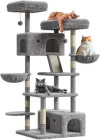 Comparer les prix de Arbre à Chat, Hauteur 167cm, avec 7 Griffoirs,2 Plate-Forme,2 Niches,Panier, Pompon,Multi-Niveaux pour Chat d'Intérieur,Gris