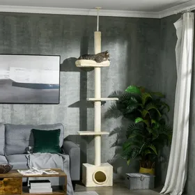 Meilleurs prix pour MOTHINESSTO1881-Arbre à chats poteau à griffer hauteur réglable dim. 440L x 31P x 240 - 270H cm 4 niveaux dactivités avec niche
