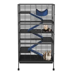 Comparer les prix de 6 niveaux pour petits animaux – Cage métallique robuste sur roulettes – Rampes et hamac polaires– Pour furets chinchillas– Noir