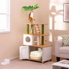 Meilleurs prix pour COSTWAY Arbre à Chat avec Compartiment pour Bac à Litière, Meuble Tout-en-un, Griffoirs, Echelle, Corde en Sisal, Boules Suspendues