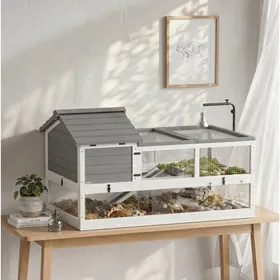 Meilleurs prix pour Terrarium pour tortue en bois gris à deux niveaux avec toit ouvrant et support de lampe réglable