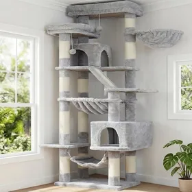Comparer les prix de Arbre à chat Heybly 180 cm 2 plateformes 2 cabanes & 2 hamacs – panneau à griffer inclus – gris clair (HCT034W)
