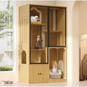 Meilleurs prix pour Enclos pour chat à plusieurs niveaux avec porte en verre trempé griffoir et rangement MDF Maple 90 × 50 × 160 cm - UVRION