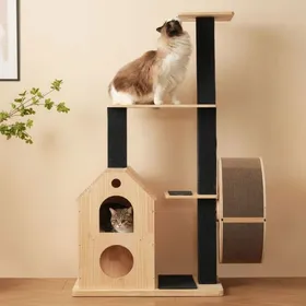 Meilleurs prix pour Arbre à chat design et stable bois massif roue exercice 4 plateformes 2 maisons griffoir sisal tapis lavable ARBRE A CHAT
