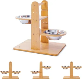 Meilleurs prix pour Gamelle Surélevée Pour Chiens Et Chats–Mangeoire En Bambou Antidérapante Et Anti-Basculement Avec Bols En Acier Inoxydable De Haut