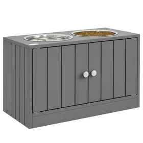 Meilleurs prix pour Gamelle chien - surélevées gamelle - PawHut - 2 gamelles 2L avec rangement - inox bois - 60x30x355cm - gris