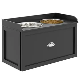 Meilleurs prix pour Gamelles chiens surélevées - PawHut - porte-gamelles surélevé rangement 2 en 1 2 gamelles - inox bois - 60x30x36cm - noir