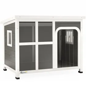 Meilleurs prix pour LIA Petite maison pour chiens avec fenêtres et entrée en forme de tente en bois dépicéa 90x62x71 cm gris clair
