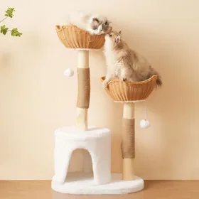 Meilleurs prix pour Arbre à chat en bois massif avec roue exercice 4 plateformes 2 maisons sisal naturel tapis lavable dimension 80x4 ARBRE A CHAT