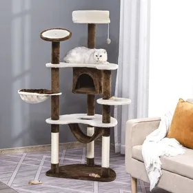 Comparer les prix de Arbre à chat 153H cm avec niche hamac & peluche marron - Arbre à grimper pour chats - Jeu et détente