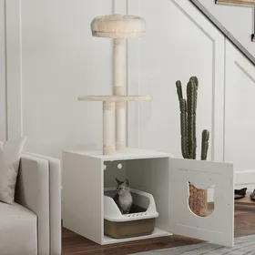 Meilleurs prix pour Arbre à chat avec maison de toilettes tour de jeu 2-en-1 de 129 cm avec cache-litière poteaux à griffer crème