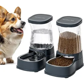 Meilleurs prix pour Gner Pet 3.85L Distributeur Croquettes Chat Automatique (Lot de 2) Distributeur Eau Chat et Chien par Gris - Acier inoxydable
