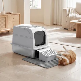 Comparer les prix de Bac à litière pour Chat Acier Inoxydable 2 Entrées avec Pelle et Brosse pour Intérieur Gris Clair