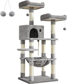 Comparer les prix de Arbre À Chat Hauteur 143 Cm,Tour De Jeux Pour Chat,Avec 11 Poteaux À Griffer,2 Plateformes,1 Niche,1 Hamac,2 Pompons,En Tissu Pelu
