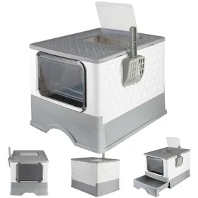 Comparer les prix de GRIS Maison de Toilettes pour chat anti-éclaboussures Bac à litière pliable à tiroir en plastique fermé avec pelle 49x36x35cm