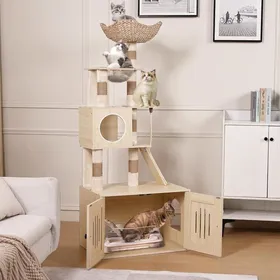 Meilleurs prix pour Arbre à Chat Griffoir avec Maison de Toilettes Griffoir Moderne 2-en-1 Cache-litière Bâtons avec Pompons Amovibles bois