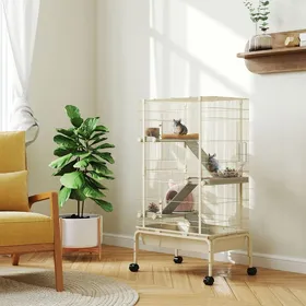 Meilleurs prix pour Cage pour lapin enclos à 4 niveaux avec 2 portes 3 rampes plateau profond roulettes 69 x 44 x 120 cm beige