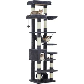 Comparer les prix de Arbre à Chat Moderne Multi-Niveaux ，74 Pouces avec Plateformes Hamac Tunnel Perchoirs Panier et Poteaux à Sisal， Gris foncé