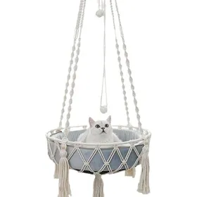 Comparer les prix de Hamac pour chat en macramé - ULISEM - 40 cm de large - Tissé à la main - Pompon décoratif - Lit suspendu - Confortable