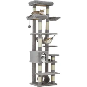 Meilleurs prix pour Arbre à Chat Moderne Multi-Niveaux ，74 Pouces avec Plateformes Hamac Tunnel Perchoirs Panier et Poteaux à Sisal – Gris Clair