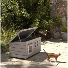 Meilleurs prix pour Cabane pour chat en bois intérieur extérieur 87 x 52 x 44 cm avec toit ouvrant bitumé fenêtre et design surélevé FOLYNA