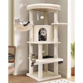 Meilleurs prix pour YSFMODE-Arbre A Chat Beige Avec Grandes Plateforme En Éventail Niches Doux Hamac PanierArbres À Chat Hauteur 130Cm Solide 90° Ser