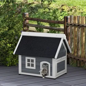 Meilleurs prix pour Niche pour Chat d’Extérieur avec Toit Ouvrant Fenêtre et 3 Portes - UVRION - en Bois de Sapin et Asphalte Gris 77 × 575 × 68 cm