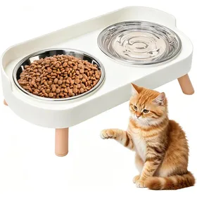 Comparer les prix de Lot de 2 Gamelles Surelevees Chat Inox - Double Gamelle Anti Eclaboussures - Support Antiderapant pour Chien - 2x400 ml