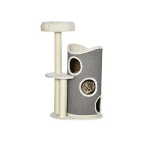 Comparer les prix de Arbre à Chat 109 cm – Blanc/Gris – Tonne à Griffes 3 Niveaux – Lit + Perchoir – Poteaux Sisal – Design Moderne