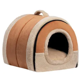 Meilleurs prix pour Panier pour chat adapté aux chiens niche pliable 2 en 1 douce et chaude pour animaux de compagnie orange-brun