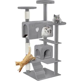 Comparer les prix de UISEBRT Grand Arbre à Chat 49x49x130cm avec Grotte Plateformes Escalier et Colonnes en Sisal Meuble descalade Gris K1254