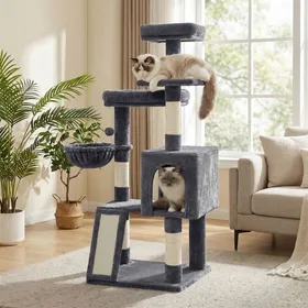 Comparer les prix de Arbre pour Chat avec 3 Plateformes Maison et Panier Griffoir pour Salon Hauteur 136 cm Gris Foncé
