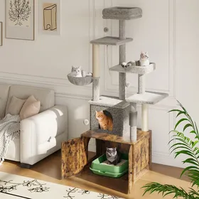 Meilleurs prix pour Arbre à chat moderne avec meuble cache-litière intégré – condo spacieux hamac perchoir poteaux griffoirs jouets – Marron rétro