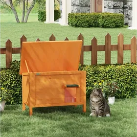 Meilleurs prix pour Niche pour Chat d’Extérieur Isolée avec Toit Ouvrant et Rideau - UVRION - en Bois Orange 85 × 50 × 685 cm